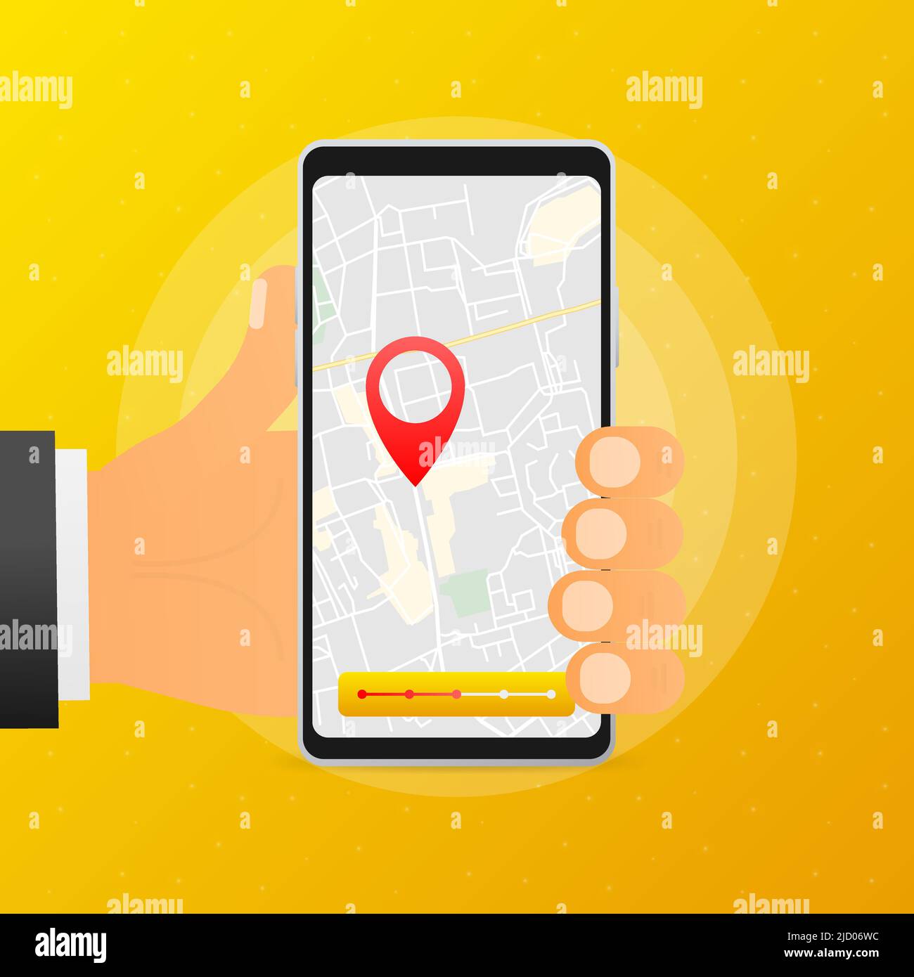 La mano tiene il telefono con la mappa e i punti su sfondo giallo. App di consegna. Illustrazione vettoriale. Illustrazione Vettoriale