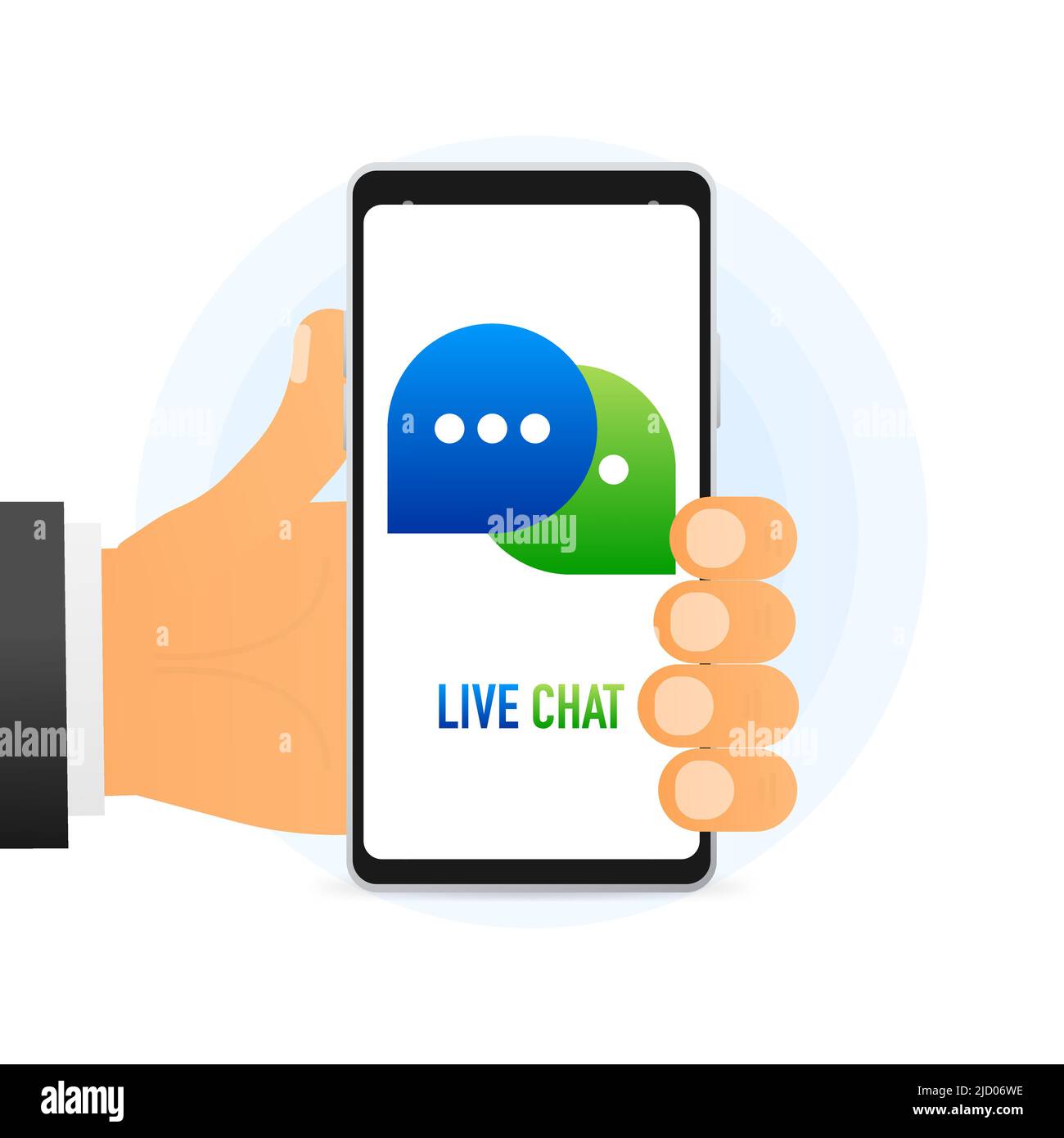 La mano tiene il telefono con il messaggio di chat in tempo reale su sfondo bianco. Illustrazione vettoriale. Illustrazione Vettoriale