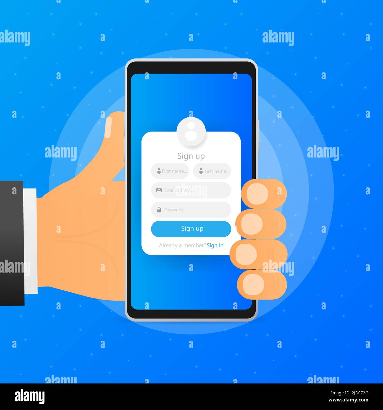 La mano tiene il telefono con la finestra del modulo di iscrizione sullo schermo su sfondo blu. Illustrazione vettoriale. Illustrazione Vettoriale