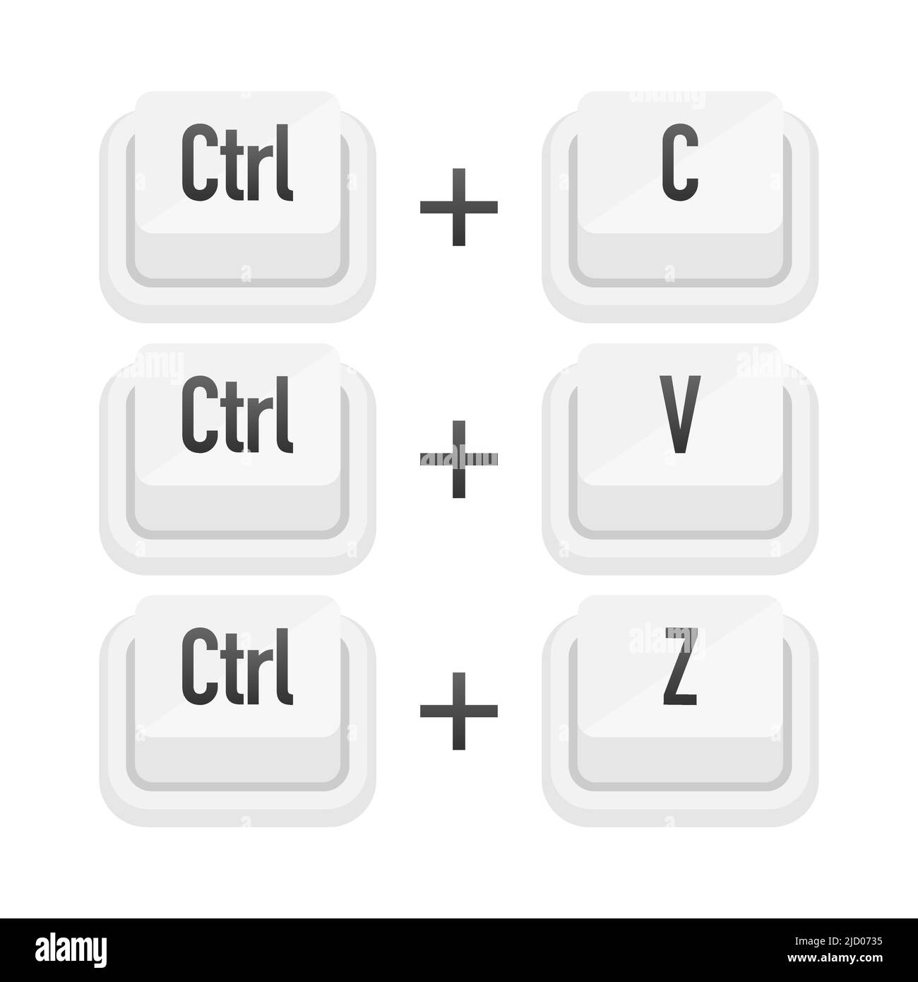 Ctrl più C, Ctrl più V e Ctrl più Z pulsante bianco 3D su sfondo bianco. Computer particelle tastiere. Illustrazione vettoriale. Illustrazione Vettoriale