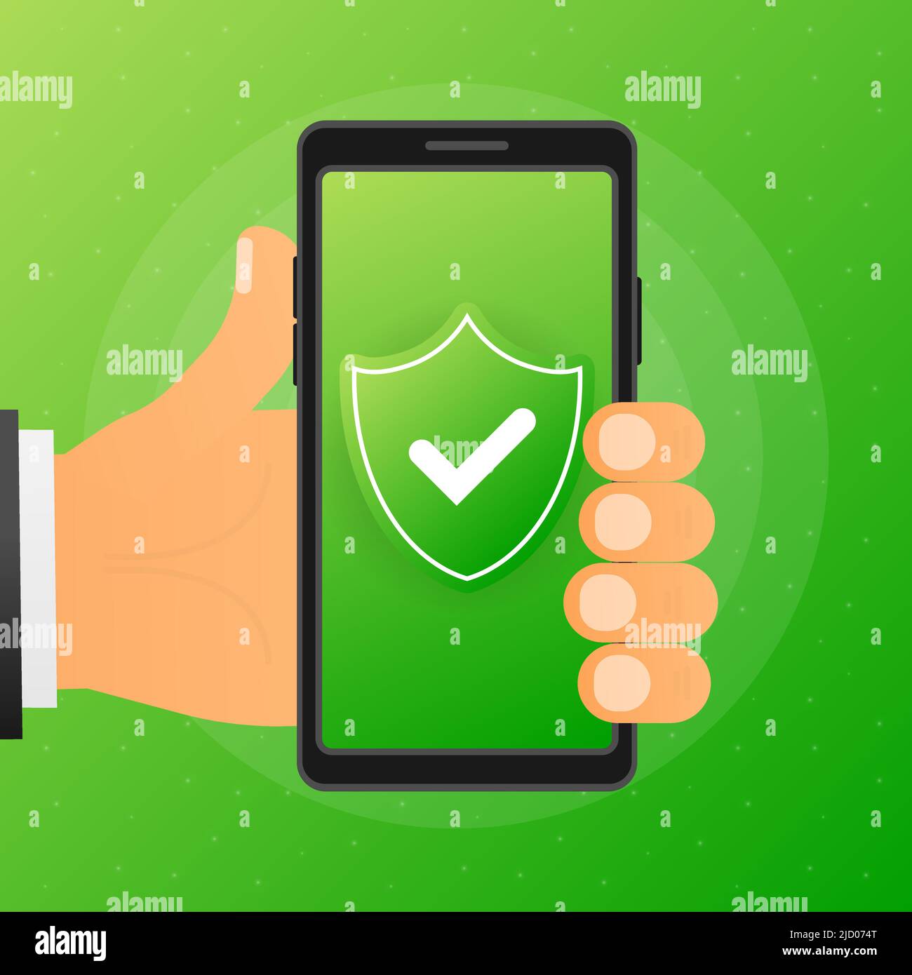 La mano tiene il telefono con il segno sicuro sullo schermo su sfondo verde. Illustrazione vettoriale. Illustrazione Vettoriale