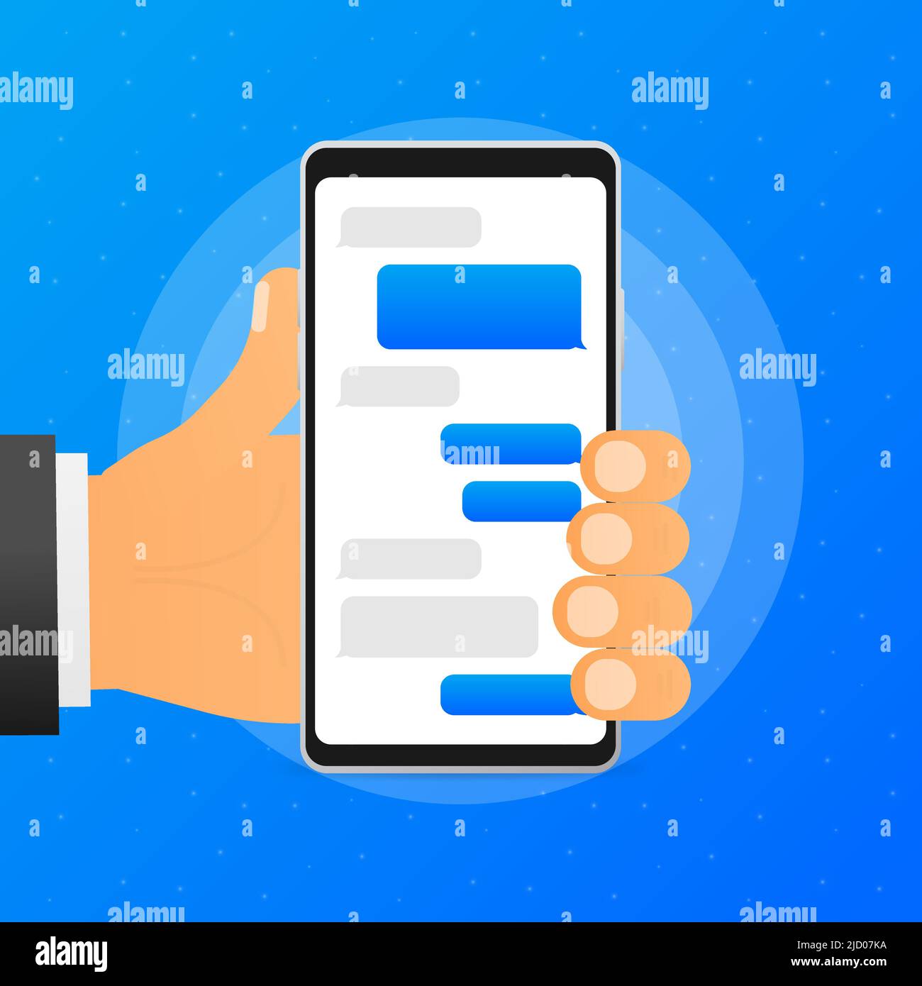 La mano tiene il telefono con il messaggio di chat su sfondo blu. Illustrazione vettoriale. Illustrazione Vettoriale