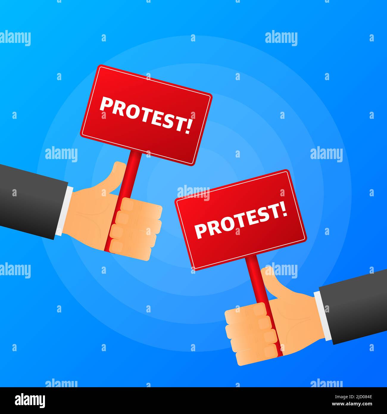 Mano tiene la protesta realistico tavolo rosso su sfondo blu. Illustrazione vettoriale. Illustrazione Vettoriale