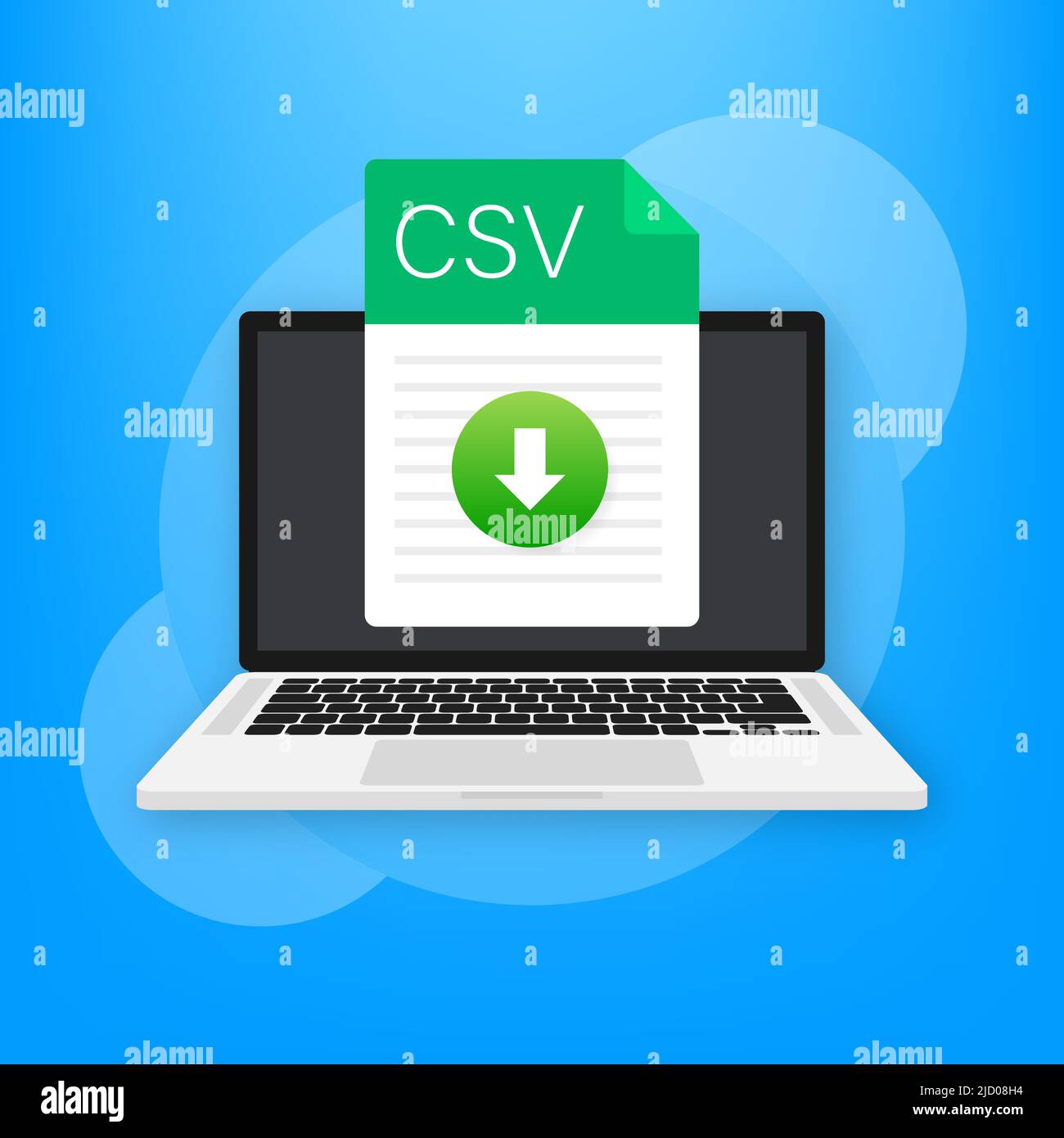 Icona file CSV con laptop. Tipo di documento foglio di calcolo. Illustrazione grafica dal design moderno e piatto. Icona Vector CSV. Illustrazione Vettoriale