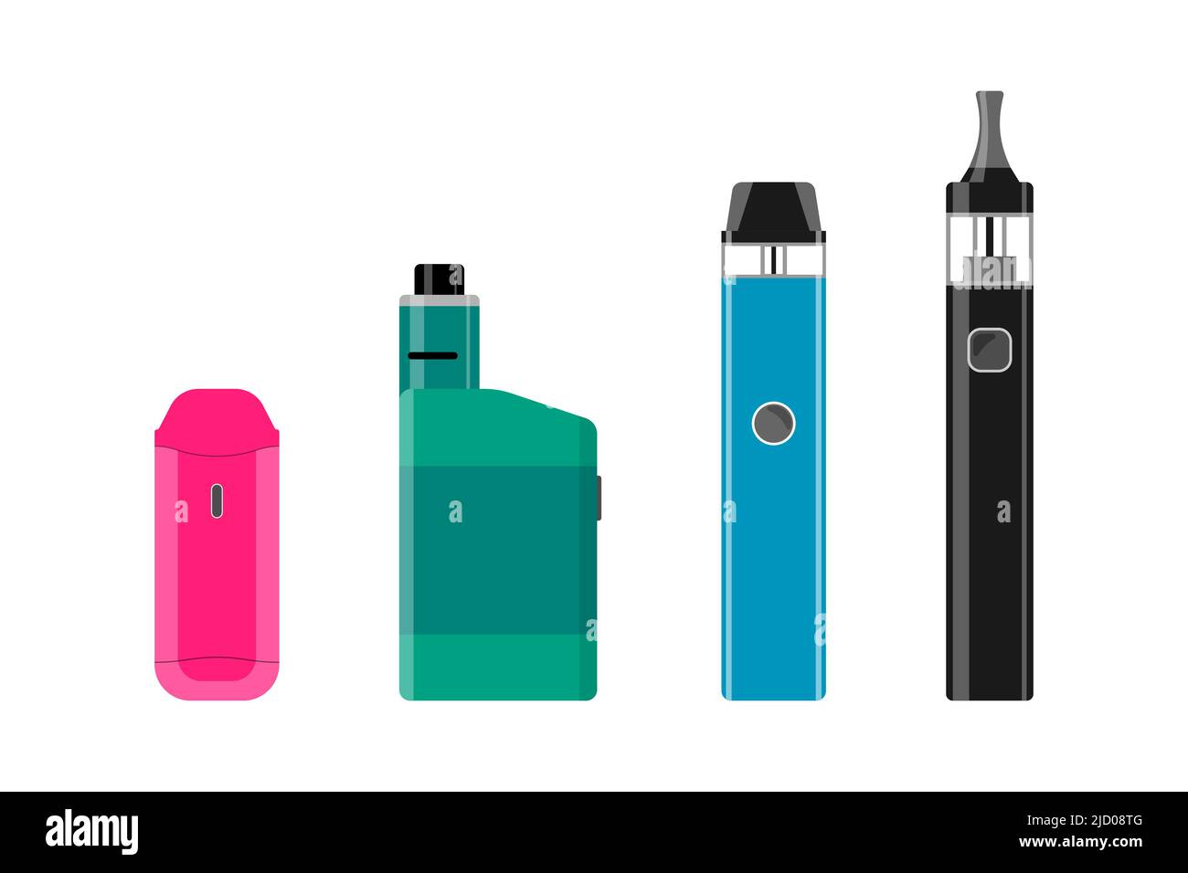 Set elettronico di sigarette. Colorati vape penna hipster attrezzature per fumare. E-sigaretta raccolta per vaping. Diversi vaporizzatori per la pubblicità vaping shop. Illustrazione eps piano vettoriale Illustrazione Vettoriale