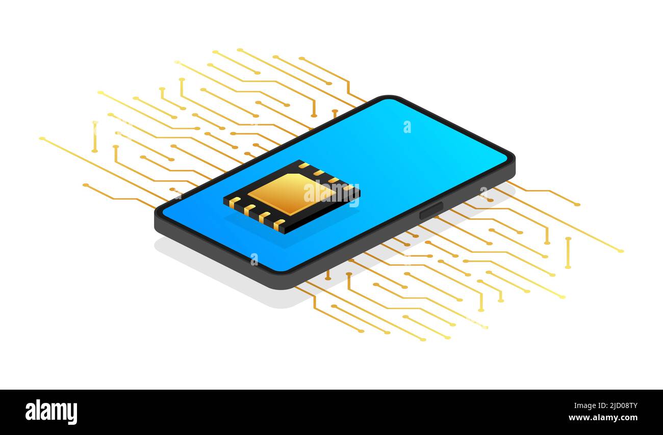 Chip digitale e sim della scheda madre. Icona moderna. Sfondo bianco. Modello vettoriale. Simbolo dell'icona di comunicazione. Illustrazione Vettoriale