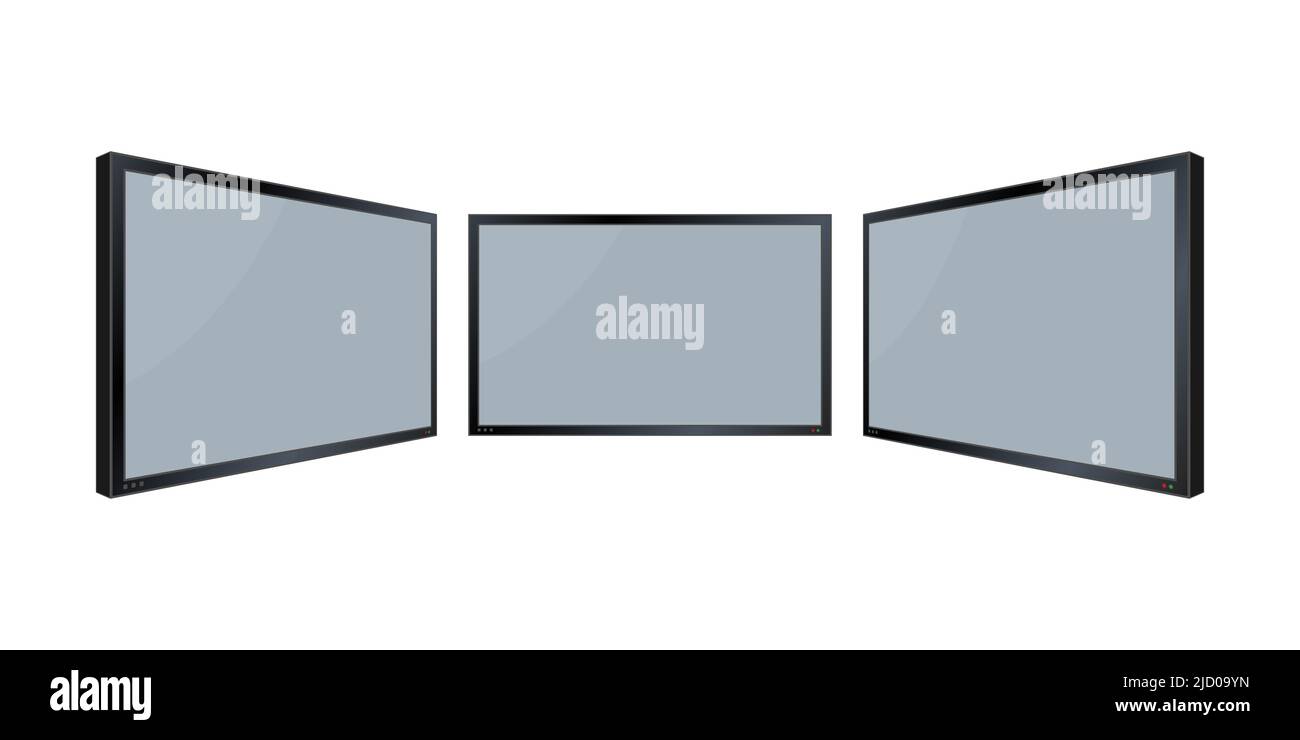 Parete del monitor piatta. Vettore prospettico. Icona vettore. Tecnologia multimediale. Schermata vuota isolata. Cornice nera. Illustrazione Vettoriale