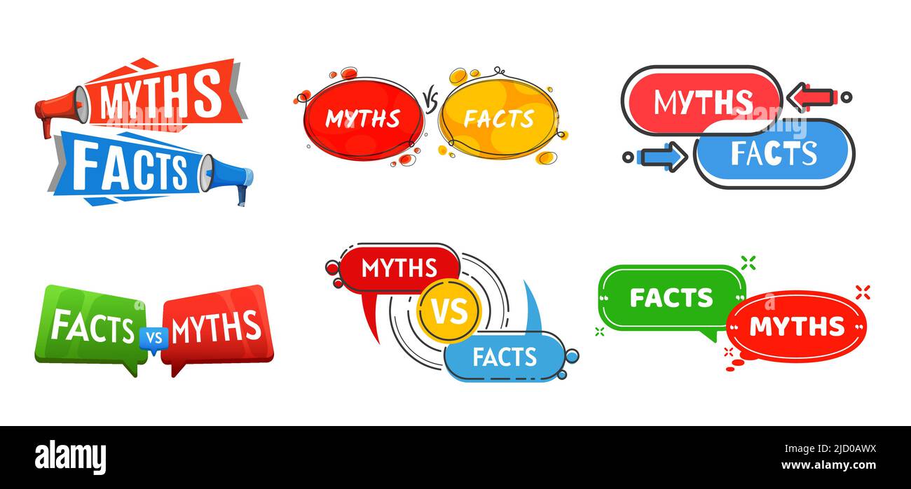 Miti vs fatti icone, verità o falso, vero e fiction vettore chat bolle. Miti VS fatti banner popup per realtà e falsi badge con frecce e megafoni, verità o falsi segni di controllo Illustrazione Vettoriale
