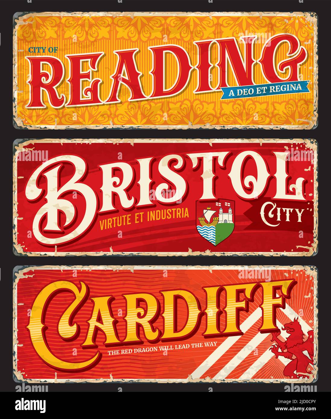 Reading, Bristol, Cardiff, targhe da viaggio per la città del Regno Unito e etichette per bagagli inglesi, adesivi vettoriali. Insegne in stagno con bandiera della contea inglese, simbolo o emblemi della città, targhe da viaggio e cartelli con grunge Illustrazione Vettoriale