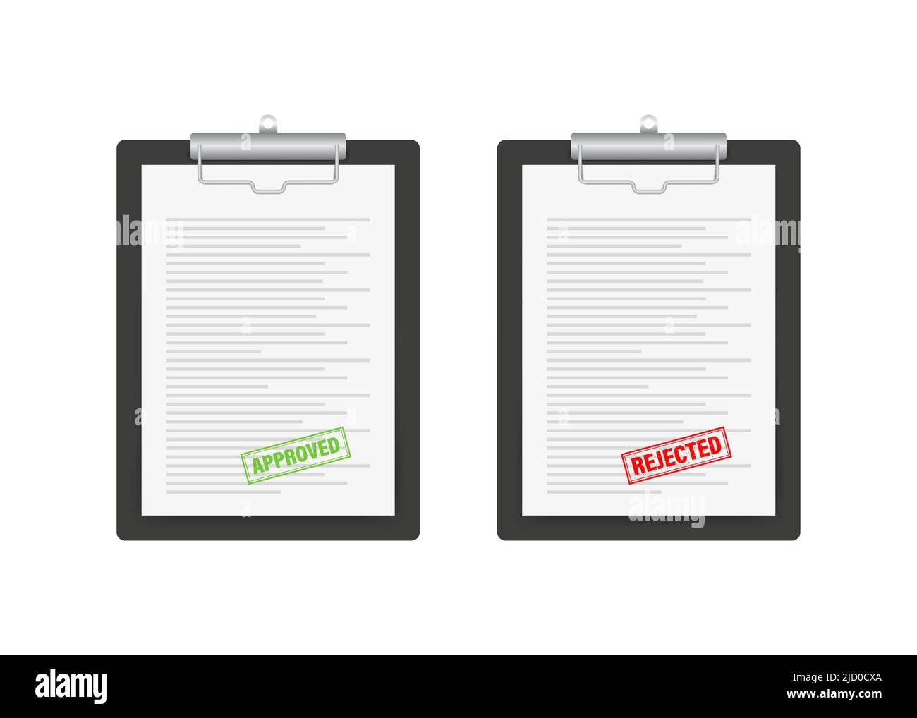 Timbri di gomma vettoriali approvati e rifiutati. Documento con timbri rossi e verdi. Illustrazione Vettoriale