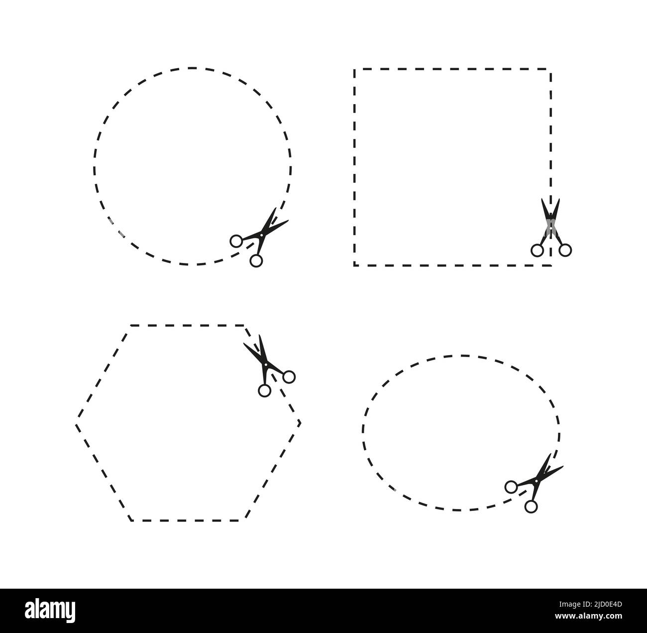 Forbici a taglio di carta su sfondo nero. Le forbici tagliano forme diverse. Illustrazione vettoriale. Illustrazione Vettoriale