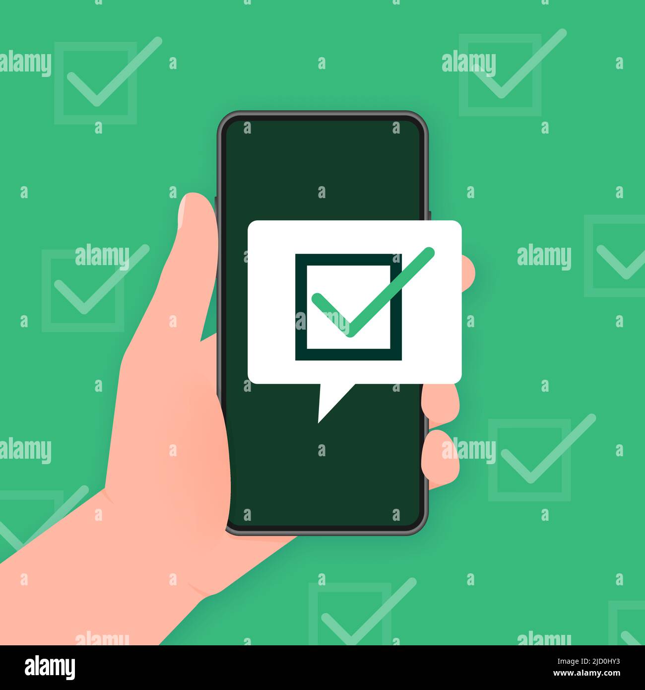 La mano tiene il telefono con il segno sicuro sullo schermo su sfondo verde. Illustrazione vettoriale. Illustrazione Vettoriale