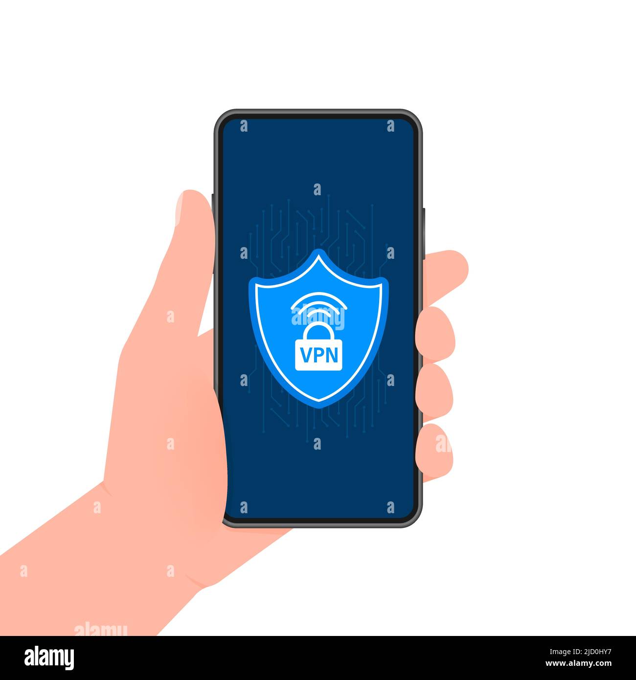 Etichetta di protezione blu piatta VPN sullo schermo dello smartphone. Illustrazione vettoriale. Illustrazione Vettoriale