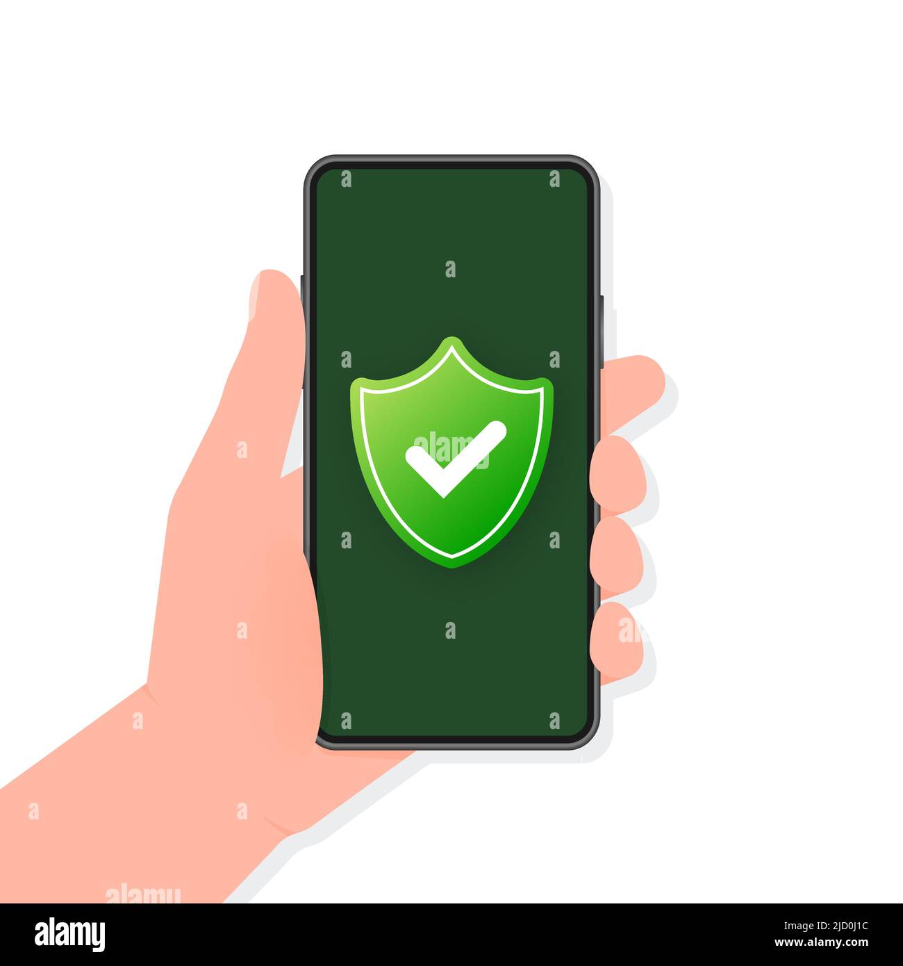 La mano tiene il telefono con il segno sicuro sullo schermo su sfondo verde. Illustrazione vettoriale. Illustrazione Vettoriale