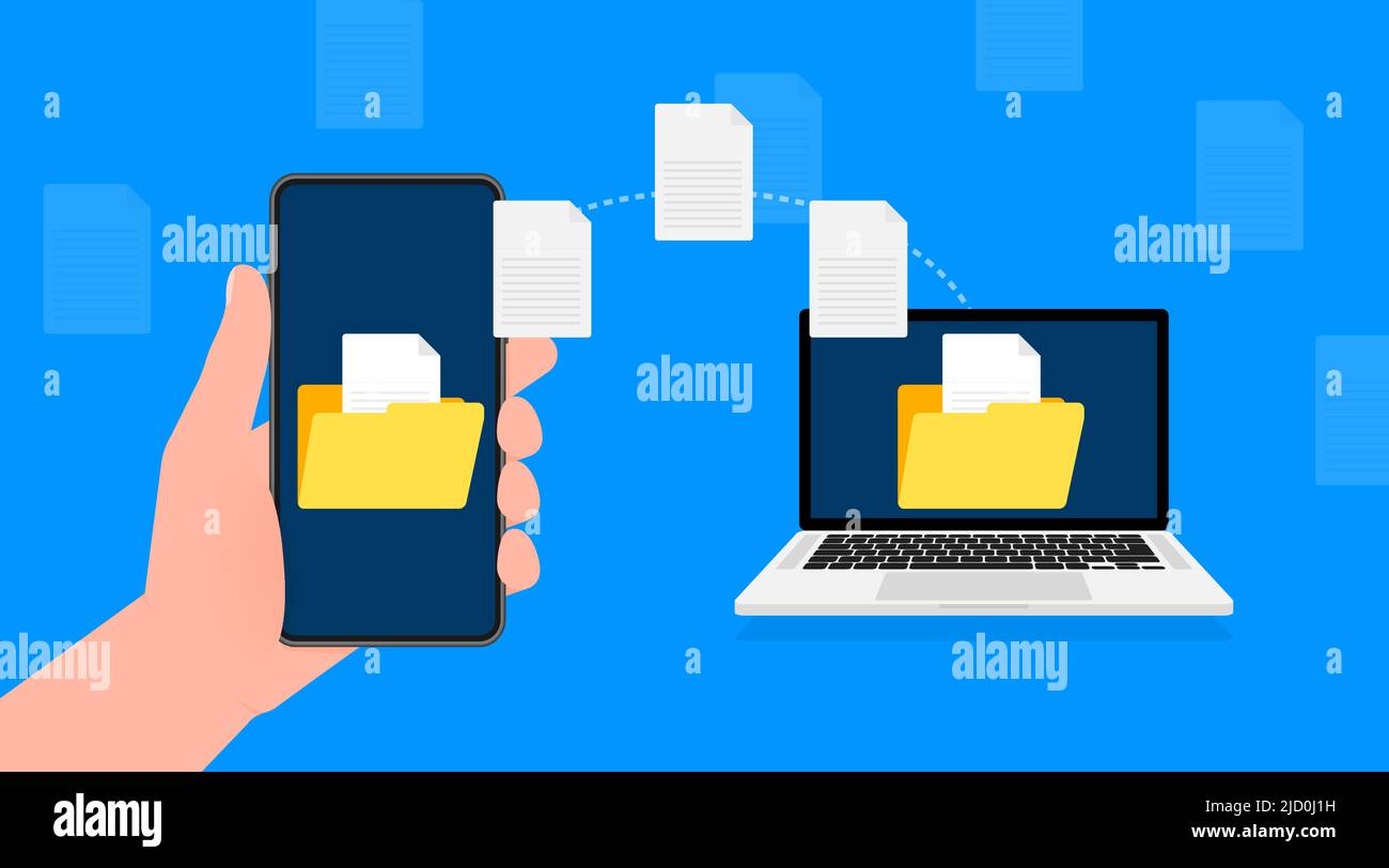 Icona piatta moderna con trasferimento file su sfondo blu. Vettore icona del documento. Vettore isometrico. Illustrazione Vettoriale