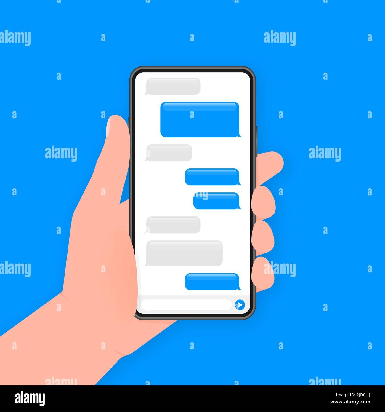 La mano tiene il telefono con il messaggio di chat su sfondo blu. Illustrazione vettoriale. Illustrazione Vettoriale