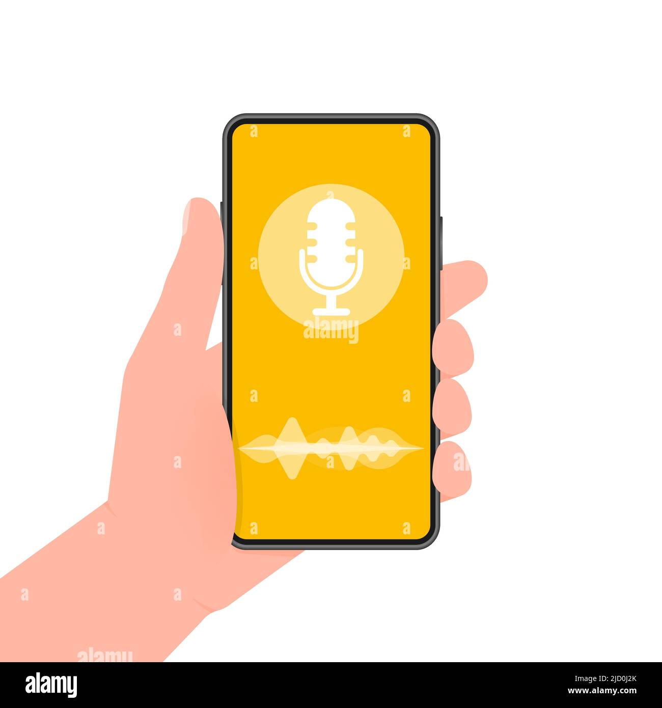 La mano tiene il telefono con il podcast di registrazione sullo schermo su sfondo giallo. Illustrazione vettoriale. Illustrazione Vettoriale