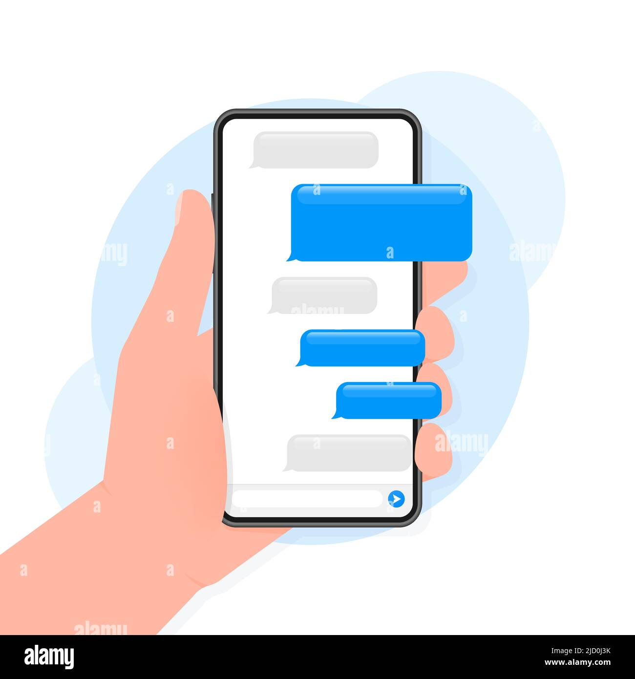 La mano tiene il telefono con il messaggio di chat su sfondo blu. Illustrazione vettoriale. Illustrazione Vettoriale