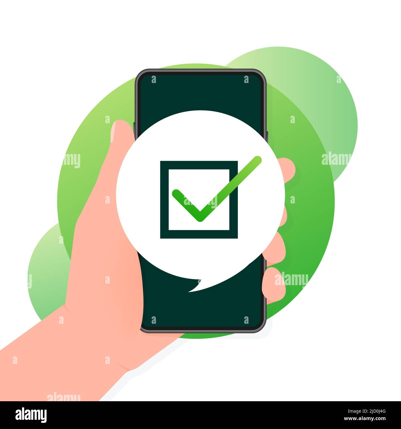 La mano tiene il telefono con il segno di spunta sullo schermo su sfondo verde. Illustrazione vettoriale. Illustrazione Vettoriale