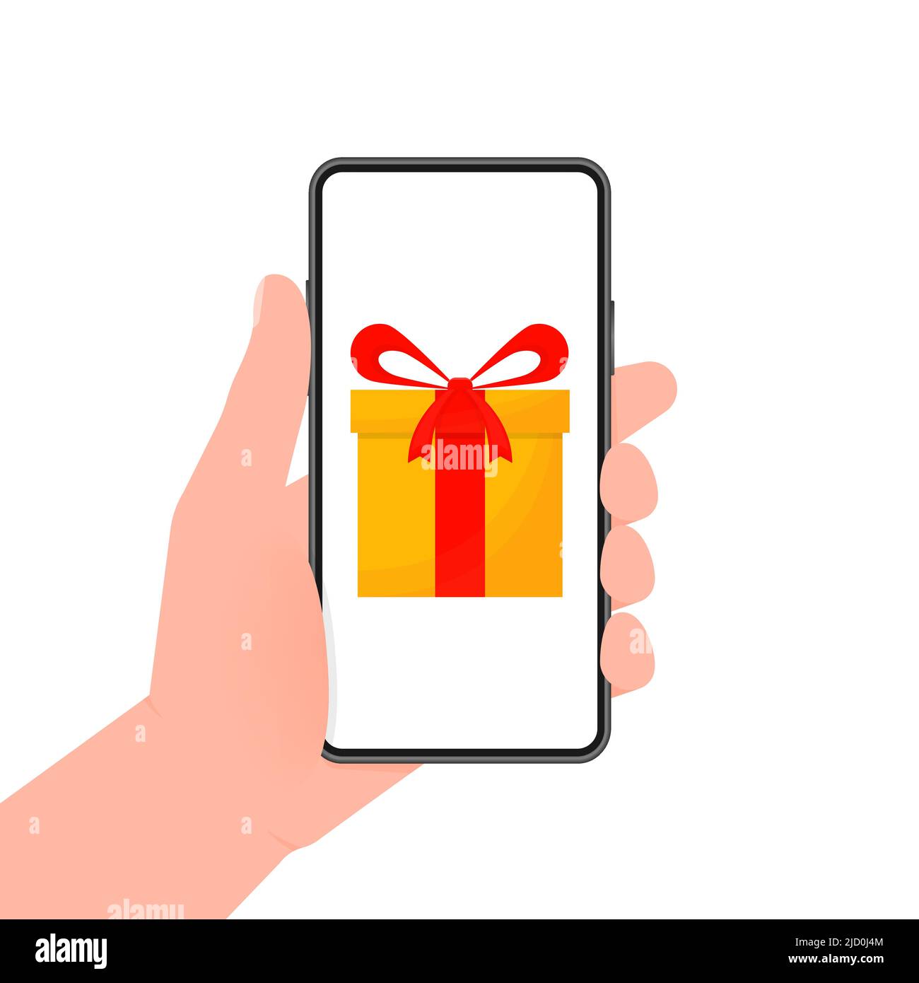 La mano tiene il telefono con la scatola dei premi sullo schermo. Illustrazione vettoriale. Icona del buono sconto e confezione dei premi sullo smartphone. Illustrazione Vettoriale