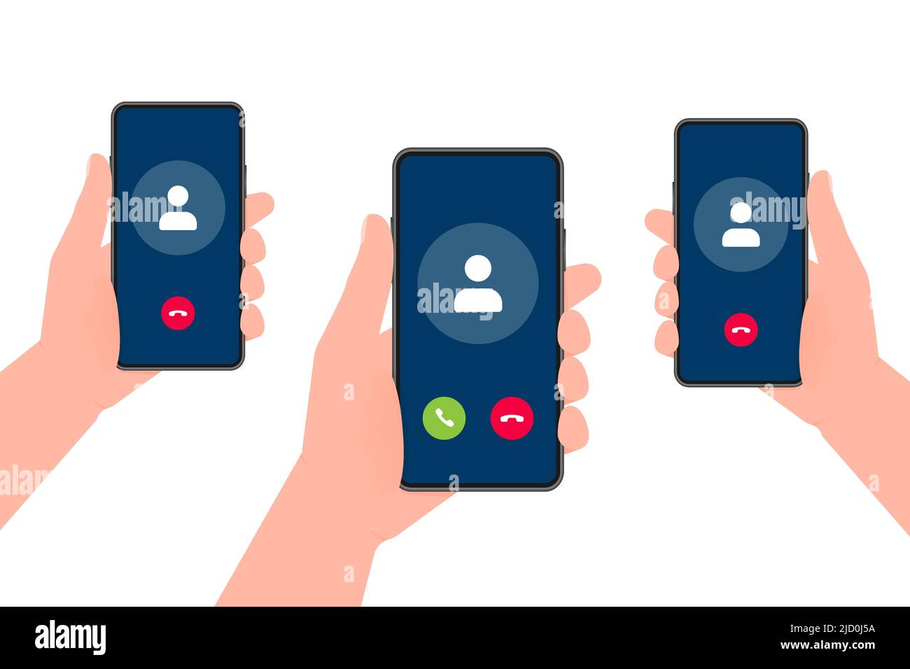 Tre mani tengono in attesa i telefoni con chiamata videochiamata in arrivo sullo schermo su sfondo bianco. Illustrazione vettoriale. Illustrazione Vettoriale
