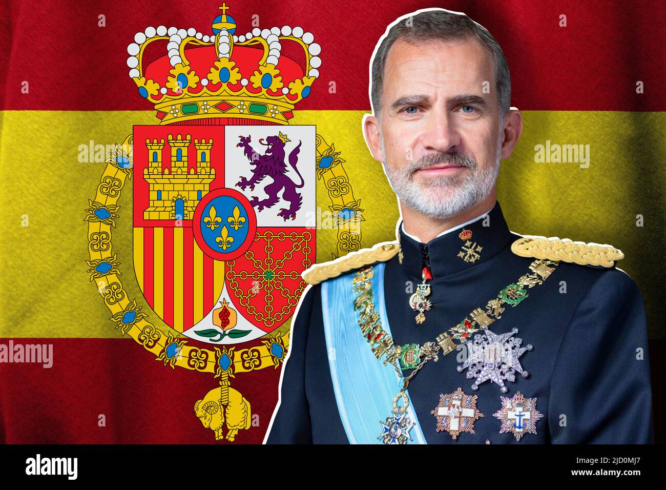 Re Felipe VI di Spagna, bandiera e stemma Foto Stock