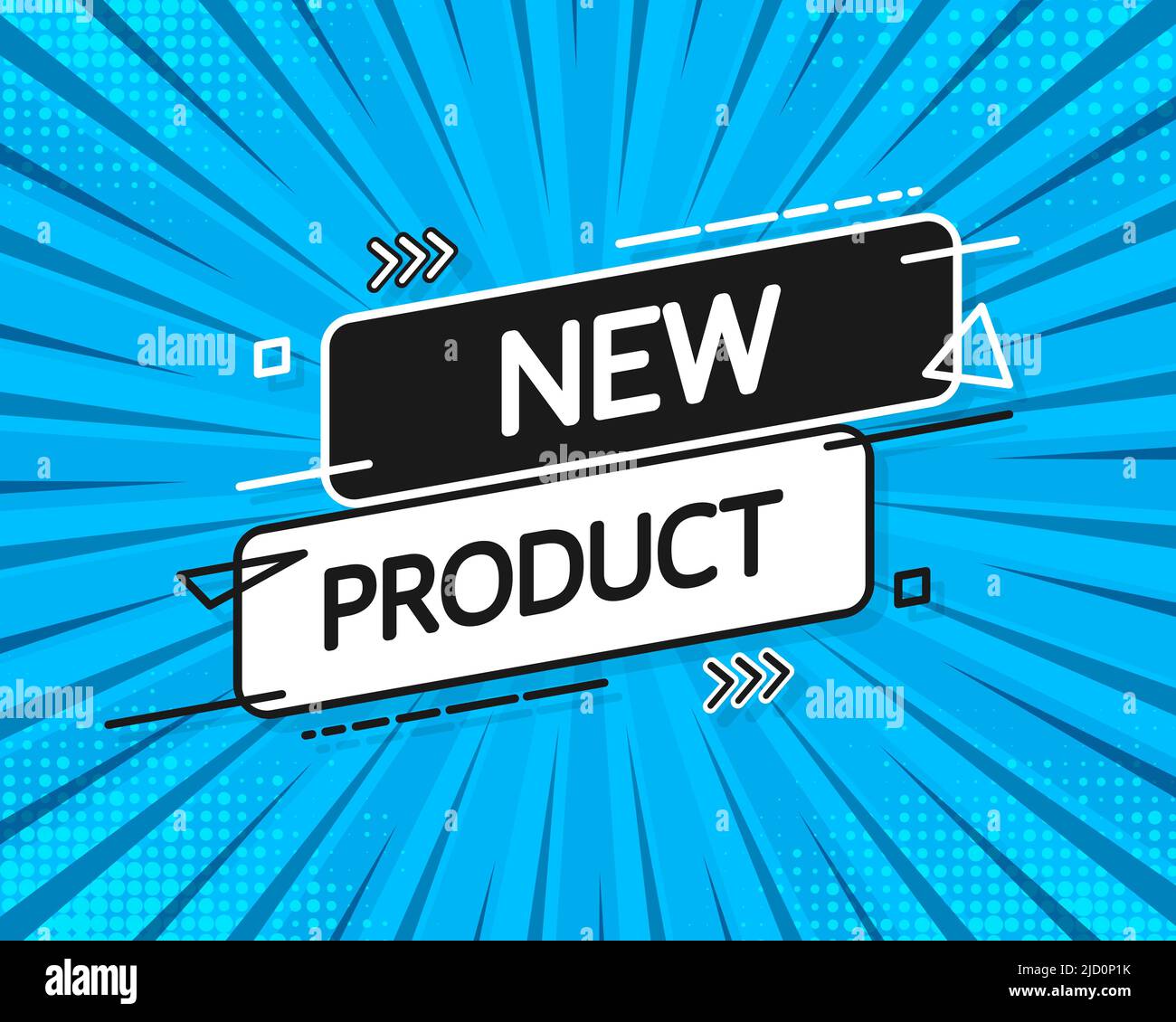 Banner nuovo prodotto. Badge realistico di colore blu. Pubblicità dei prodotti. Web design. Illustrazione vettoriale. Illustrazione Vettoriale
