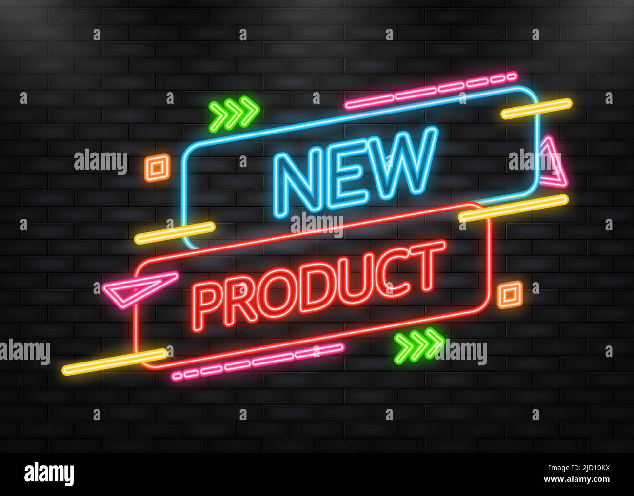 Banner nuovo prodotto. Badge al neon di colore blu. Pubblicità dei prodotti. Web design. Illustrazione vettoriale Illustrazione Vettoriale