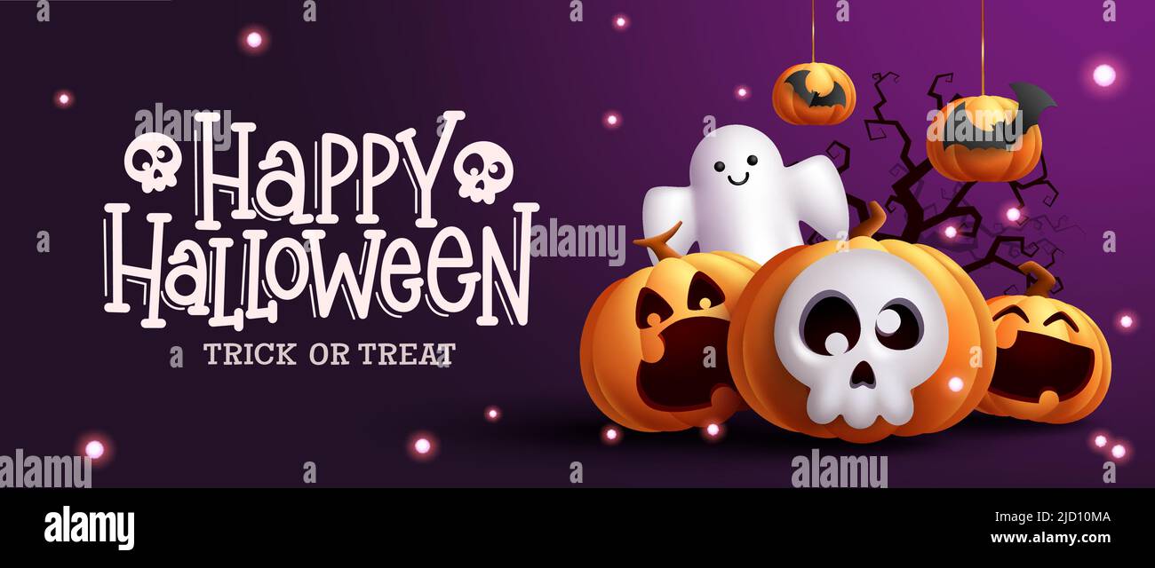Halloween parte disegno vettoriale. Testo di saluto happy halloween con fantasma, cranio e elementi di zucca in volti carini per divertimento e spoky notte celebrazione. Illustrazione Vettoriale