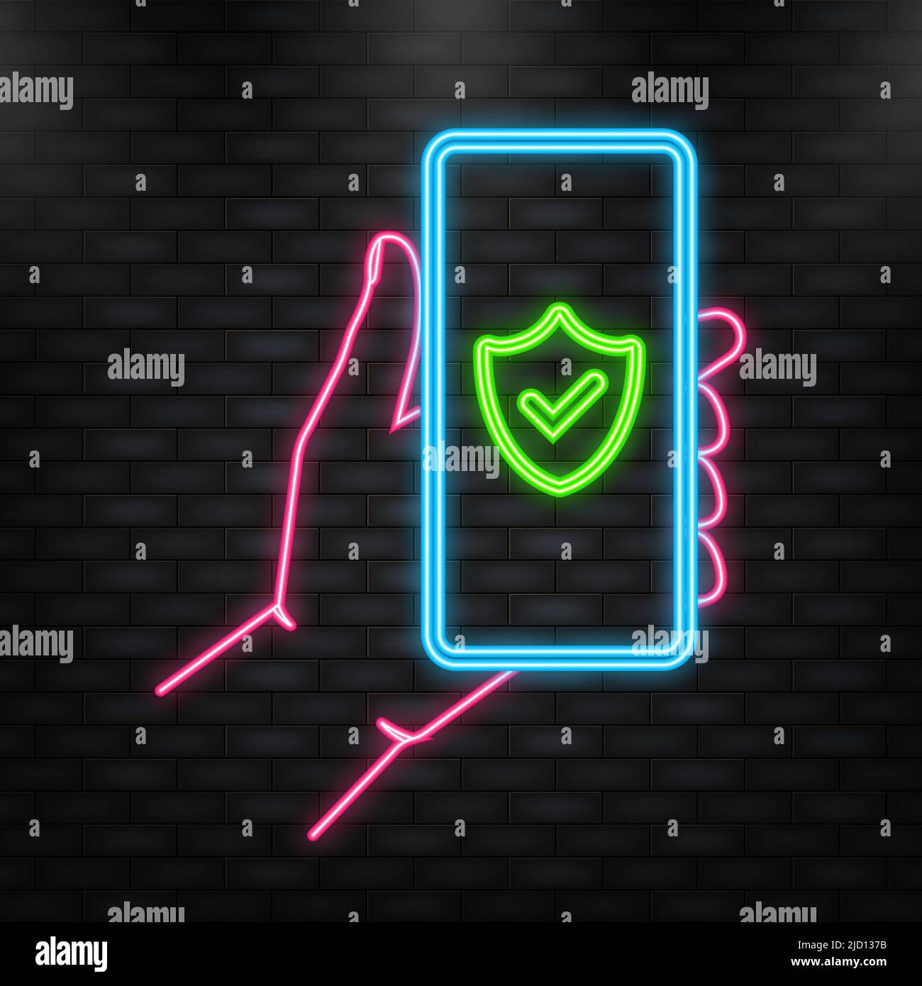 Icona neon. La mano tiene il telefono con il segno sicuro sullo schermo su sfondo verde. Illustrazione vettoriale Illustrazione Vettoriale