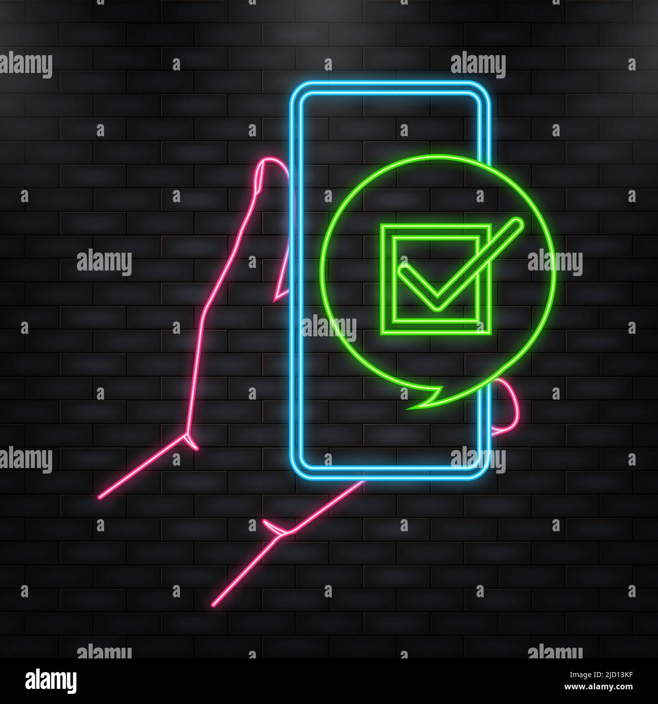 Icona neon. La mano tiene il telefono con il segno di spunta sullo schermo su sfondo verde. Illustrazione vettoriale Illustrazione Vettoriale