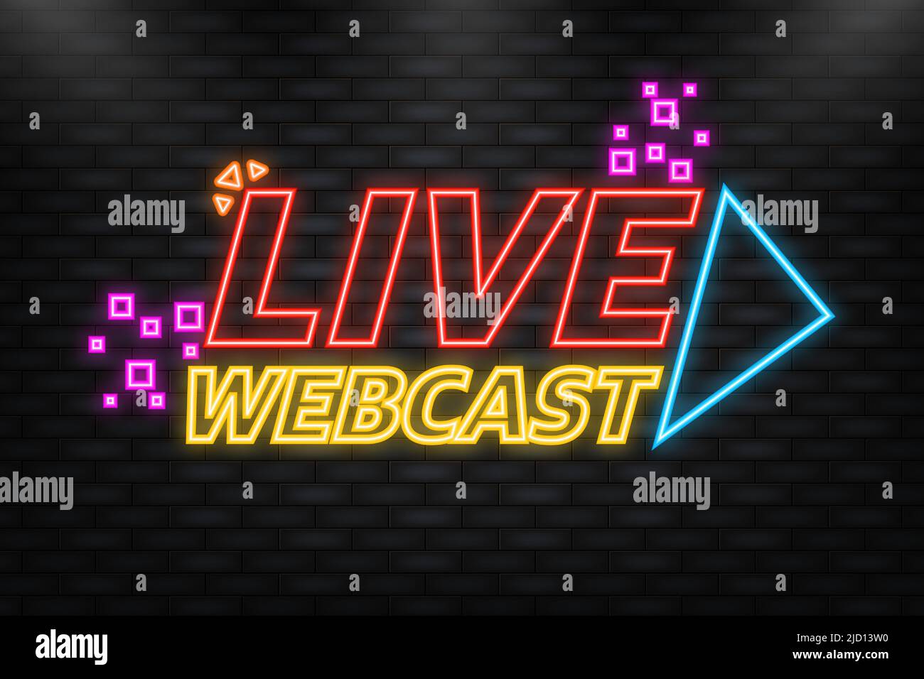 Icona neon. Pulsante Live Webcast, icona. Disegno vettoriale. Banner webcast dal vivo su sfondo rosso. Illustrazione Vettoriale