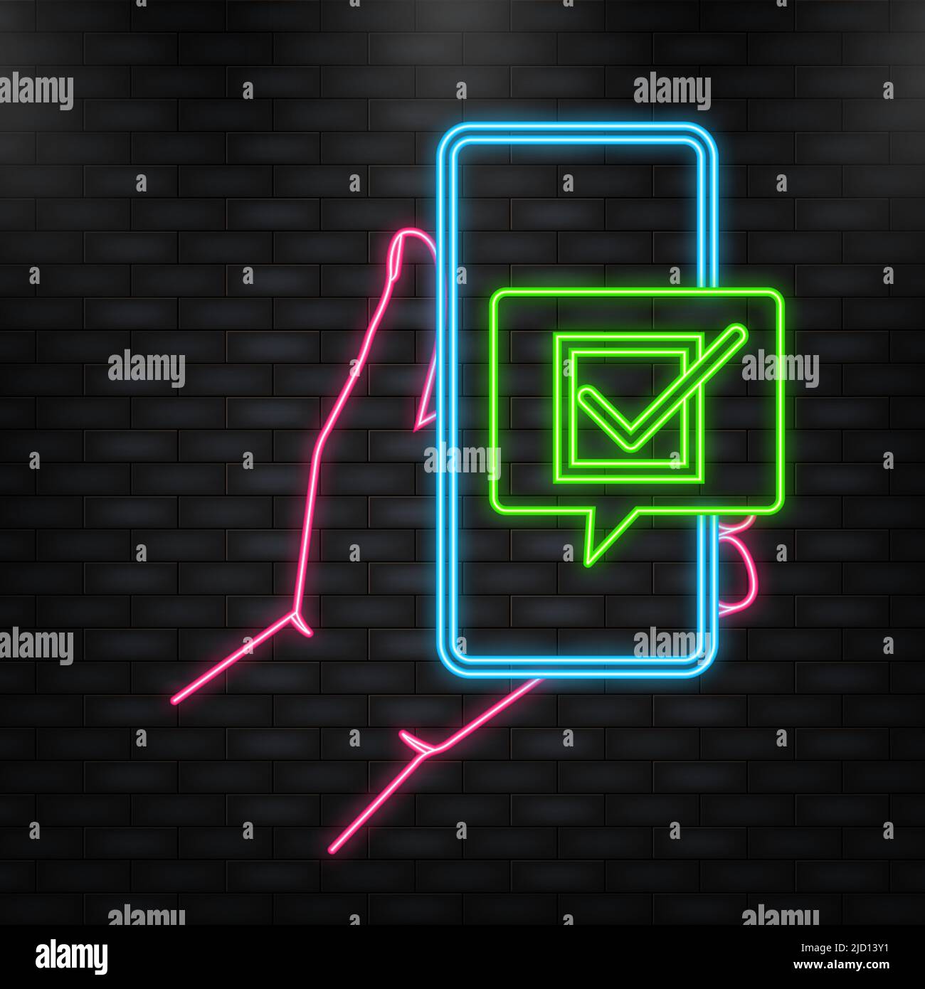 Icona neon. La mano tiene il telefono con il segno di spunta sullo schermo su sfondo verde. Illustrazione vettoriale Illustrazione Vettoriale
