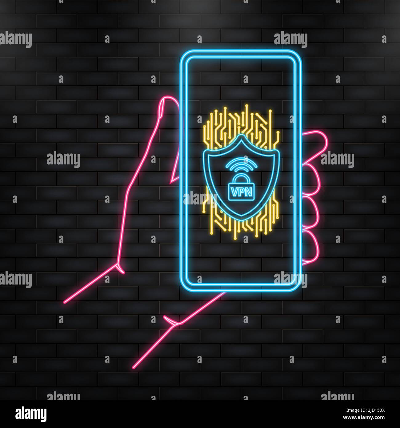 Icona neon. Etichetta di protezione blu piatta VPN sullo schermo dello smartphone. Illustrazione vettoriale Illustrazione Vettoriale
