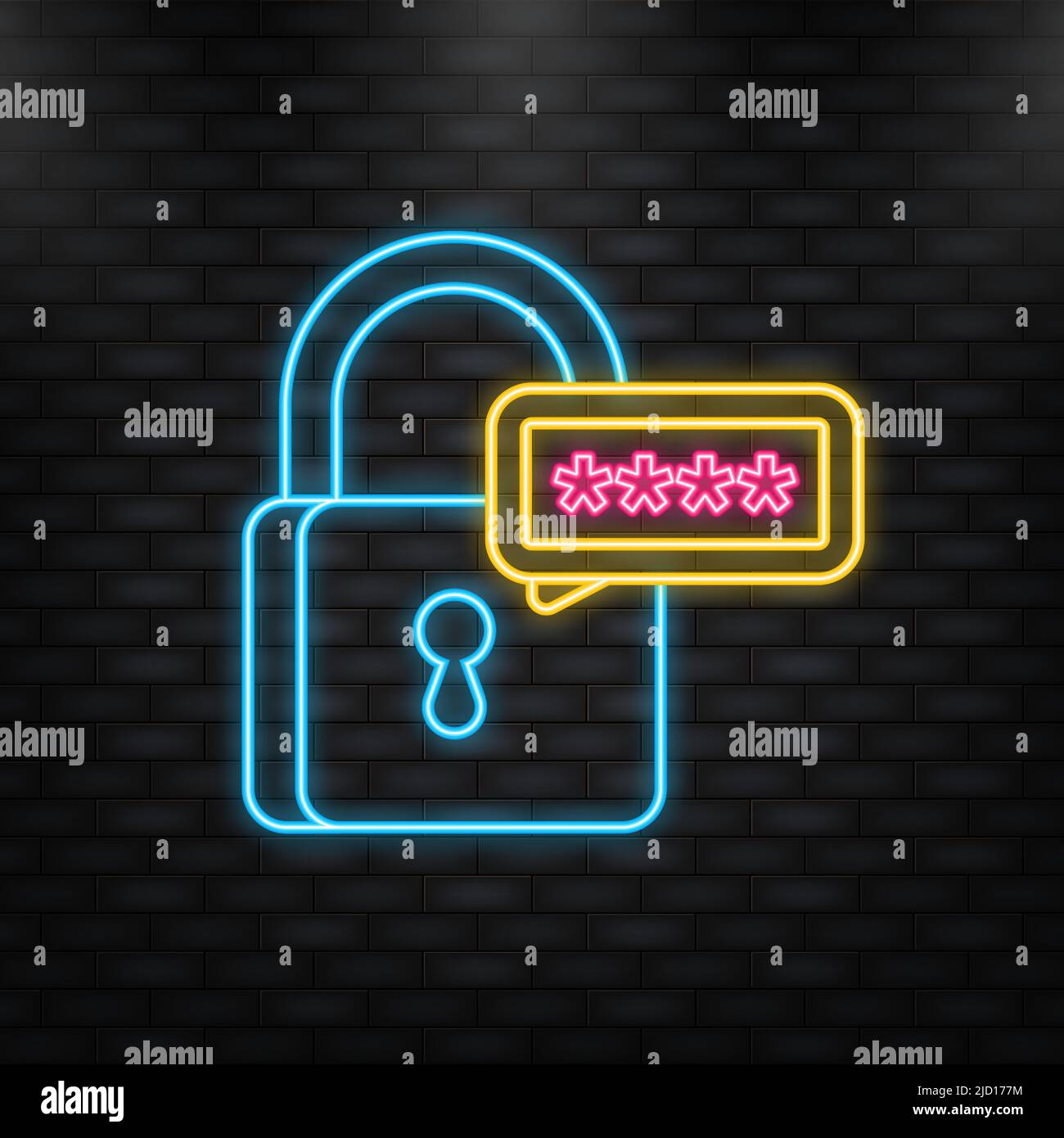 Concetto di sicurezza informatica. Icona neon. Lucchetto, serratura. Concetto di privacy. Pulsante piatto. Sfondo digitale Illustrazione Vettoriale