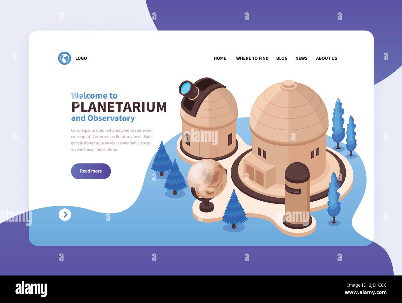 Banner di concetto di planetario isometrico per sito web con link cliccabili pulsanti testo modificabile ed edifici con illustrazione vettoriale telescopica Illustrazione Vettoriale