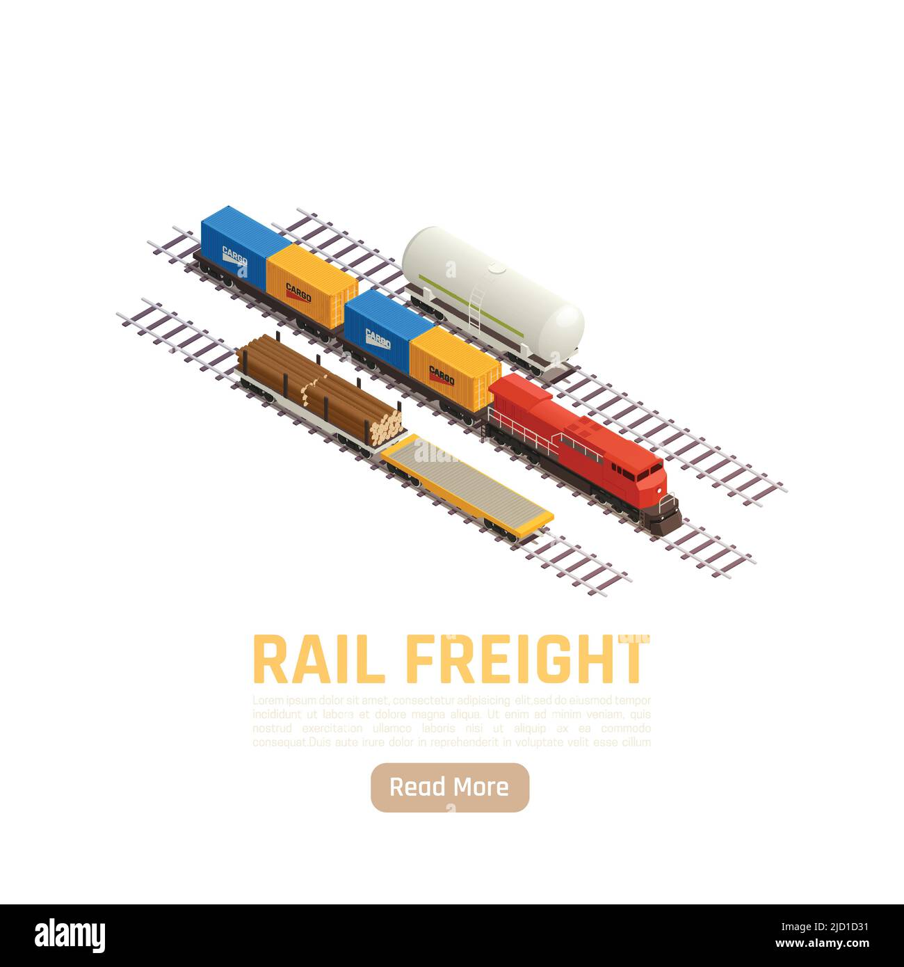 Treno stazione ferroviaria sfondo isometrico con testo modificabile leggi di più pulsante e merci treno carrozza immagini illustrazione vettoriale Illustrazione Vettoriale