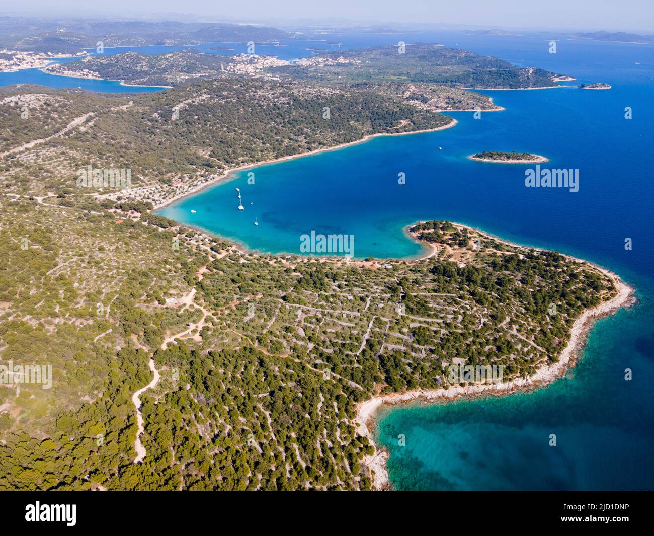 Fui fui, isola di Murter con la baia di Kosirina, Murter, Dalmazia, Croazia Foto Stock