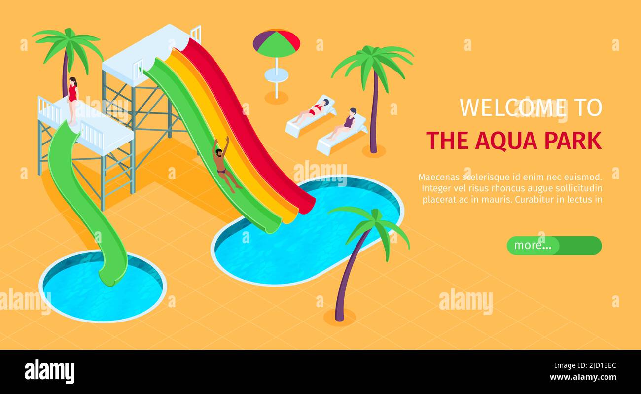 Aquapark sito web composizione isometrica con acqua scivoli piscine palme orizzontale sabbia colore sfondo web banner illustrazione vettoriale Illustrazione Vettoriale