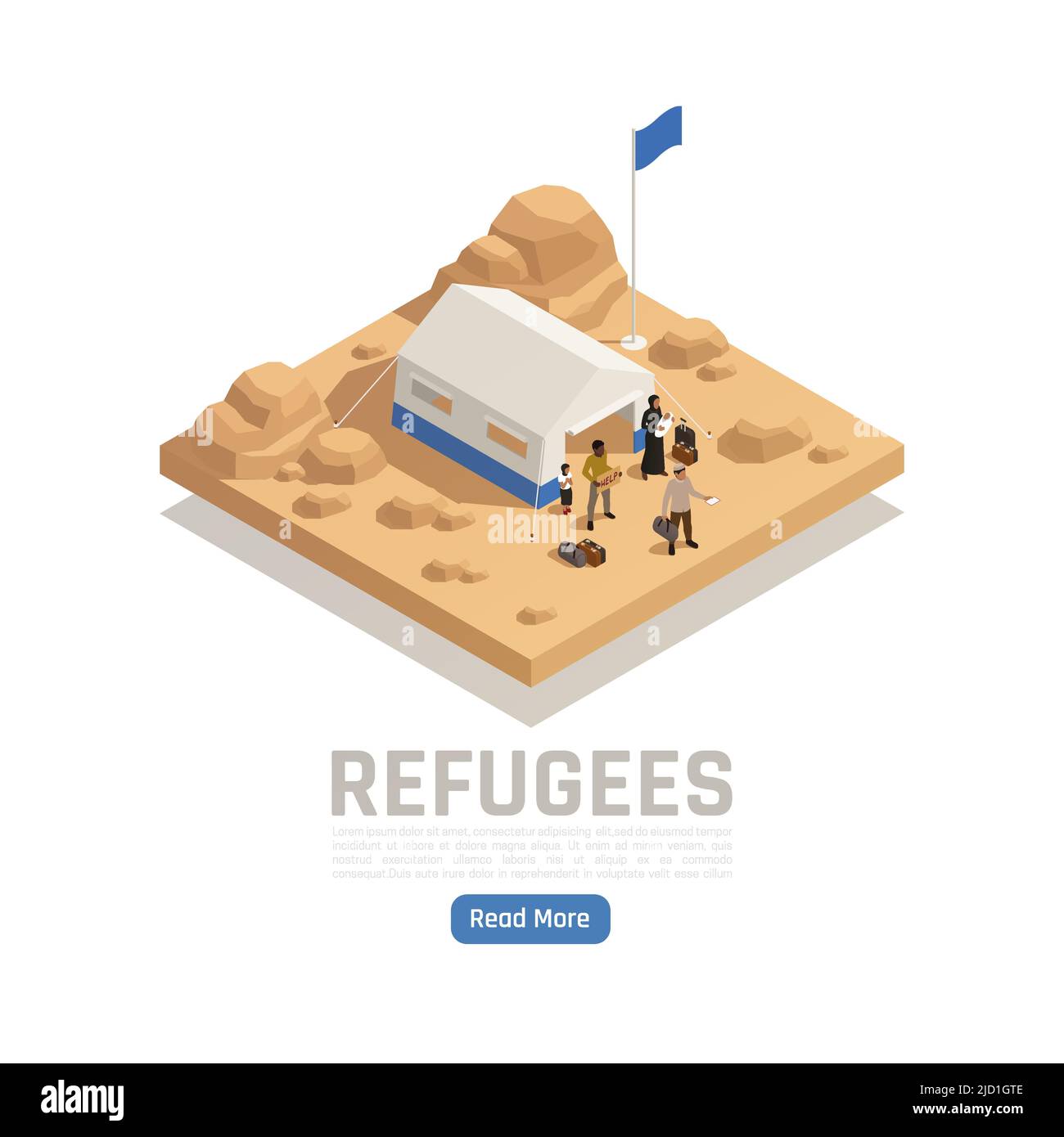 Rifugiati apolidi poster isometrico di asilo con tenda del campo di accoglienza e caratteri umani illustrazione vettoriale Illustrazione Vettoriale