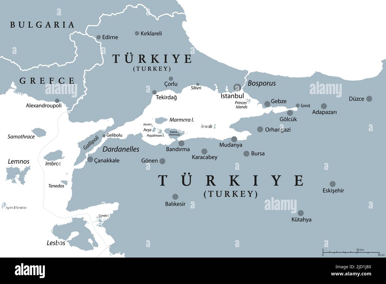 Bosforo e Dardanelli, mappa politica grigia. Lo stretto turco, significativo a livello internazionale, in Turchia. Foto Stock