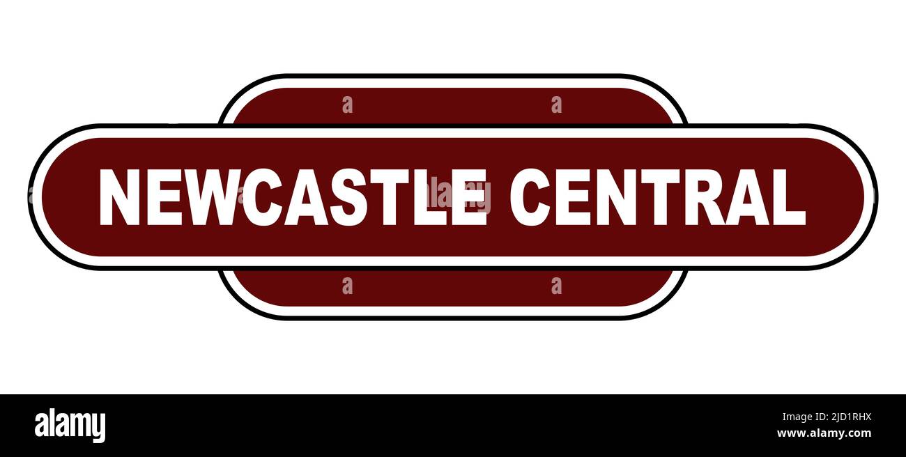 Una targhetta con il nome della stazione centrale di Newcastle su sfondo bianco Foto Stock