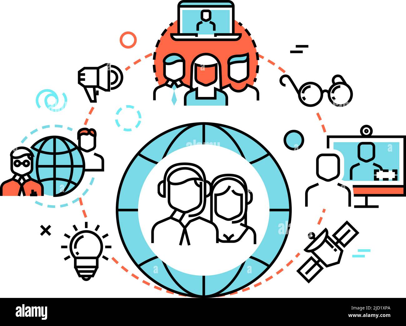 Concetto di webinar online. Icona della comunicazione mondiale degli studenti Illustrazione Vettoriale