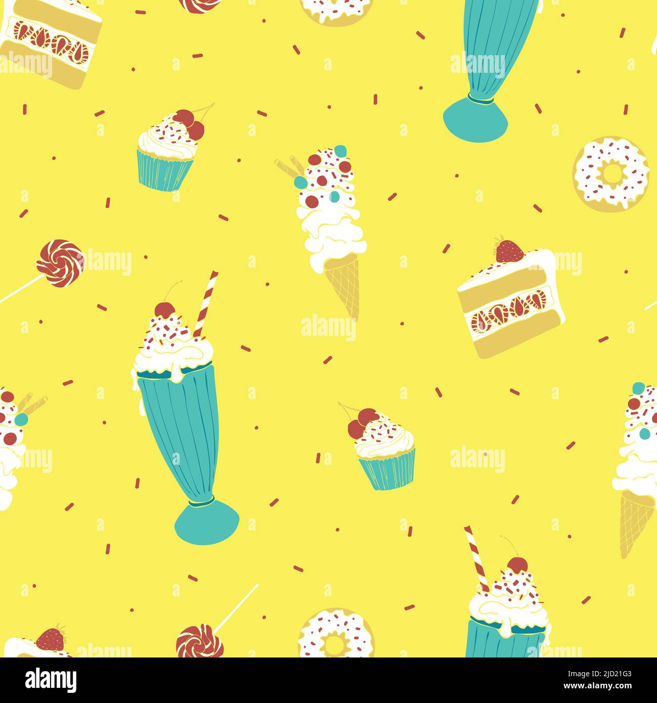 Modello vettoriale senza cuciture con gelato, cupcake e ciambelle su sfondo giallo chiaro. Illustrazione Vettoriale