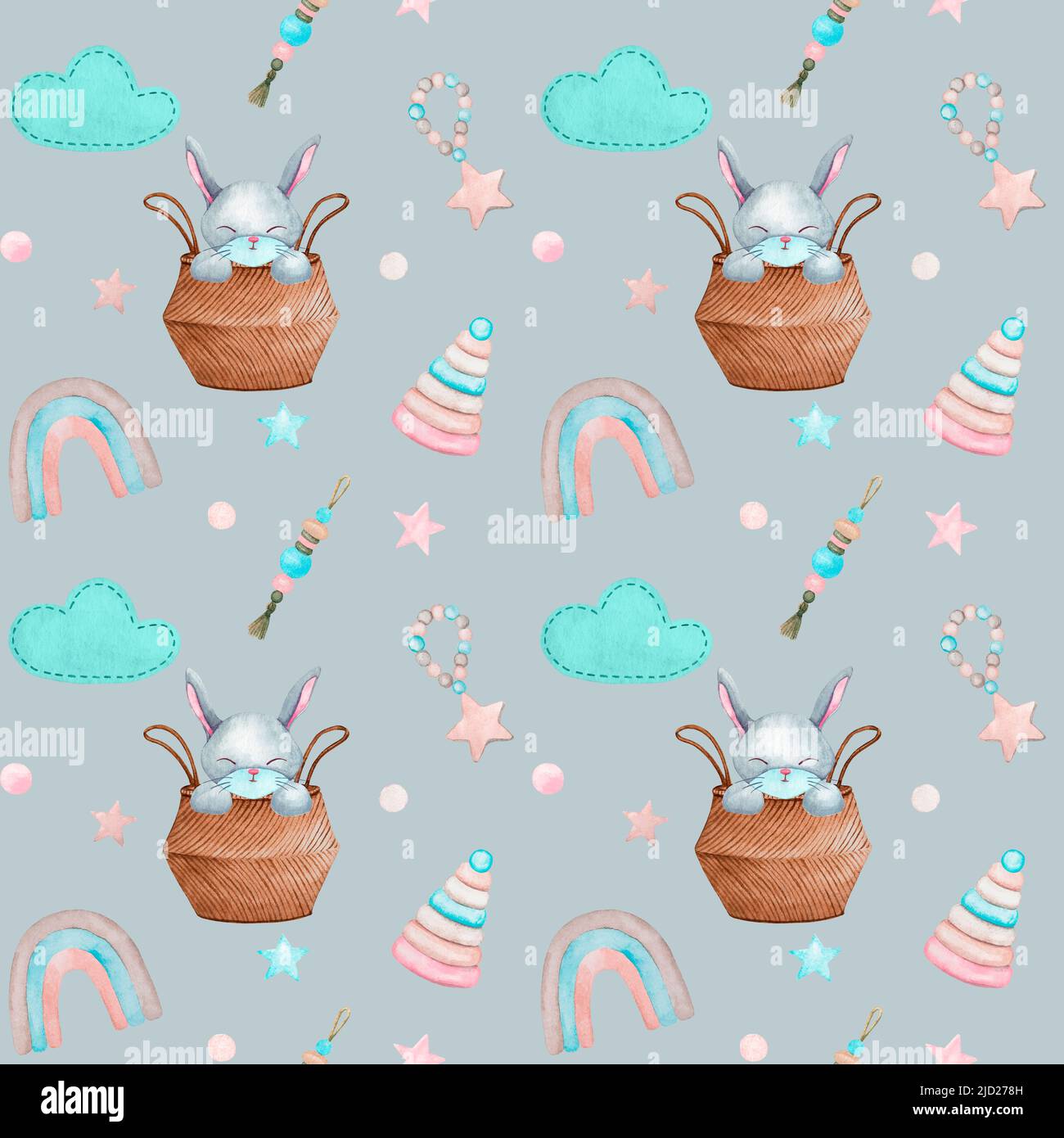 Modello senza cuciture in stile boho per bambini. Acquerello coniglietti carini in un cestino, arcobaleni e giocattoli su uno sfondo grigio. Design per carta da parati, tessuto, Foto Stock
