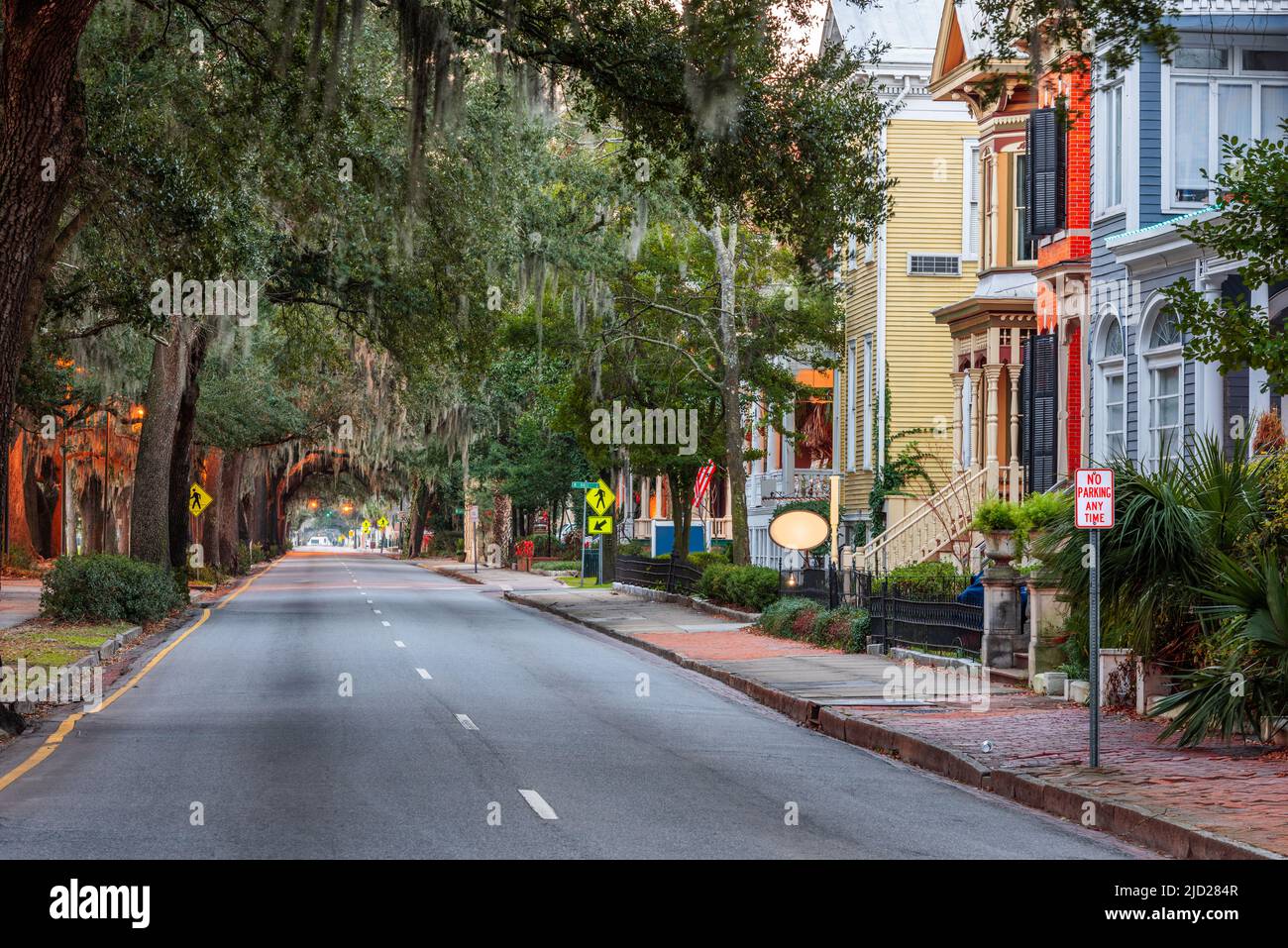 Savannah, Georgia, Stati Uniti centro storico viste lungo Whitaker Street. Foto Stock