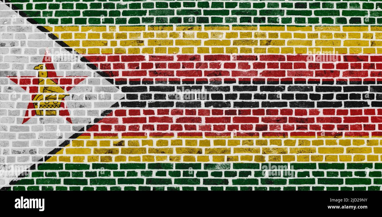 Primo piano su un muro di mattoni con la bandiera dello Zimbabwe dipinta su di esso. Foto Stock