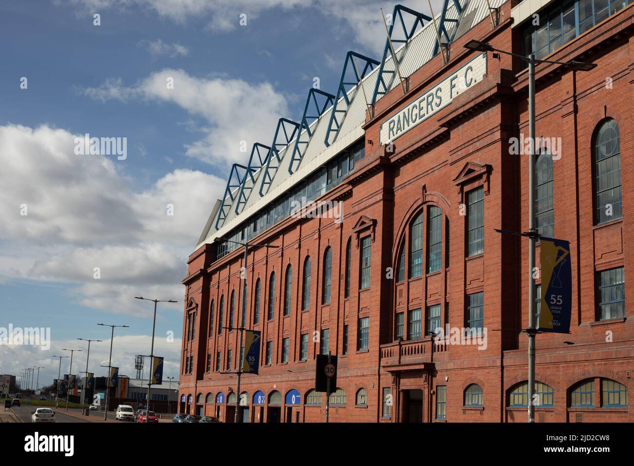 Viste dell'esterno dell'Ibrox Stadium, sede del Rangers Football Club, a Ibrox, a Glasgow, Scozia, 7 aprile 2022. N55°51,135' W4°18,569' Foto Stock