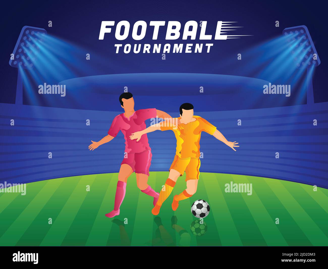 Concetto di torneo di calcio con giocatori di calcio senza volto delle squadre partecipanti su sfondo Blue e Green Stadium. Illustrazione Vettoriale