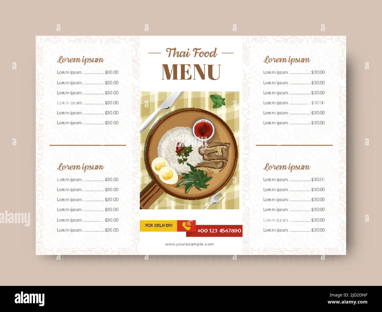 Modello di scheda del menu Thai Food o disposizione della brochure a tre piegatura per la pubblicazione. Illustrazione Vettoriale